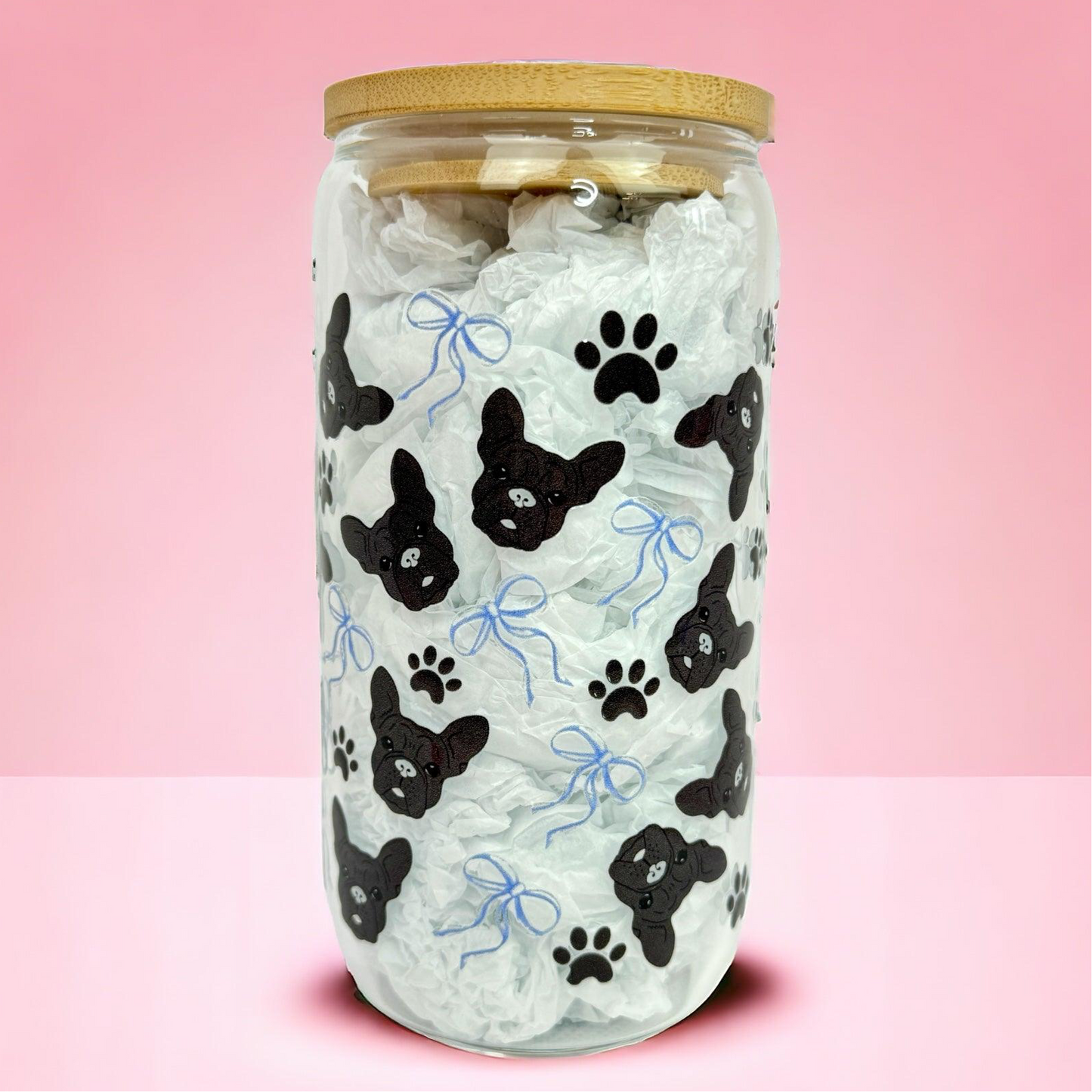 Frenchie Bulldog Blue Bow16oz (455ml) Iced Coffee Glass Cup