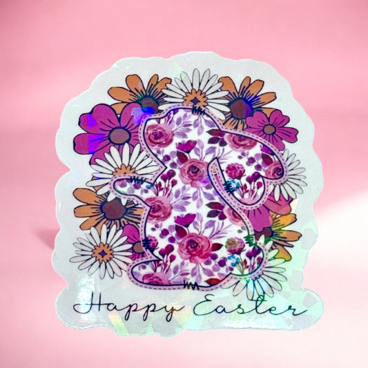 🌸🐰 Floral Bunny Happy Easter Holographic Sticker ✨💖
