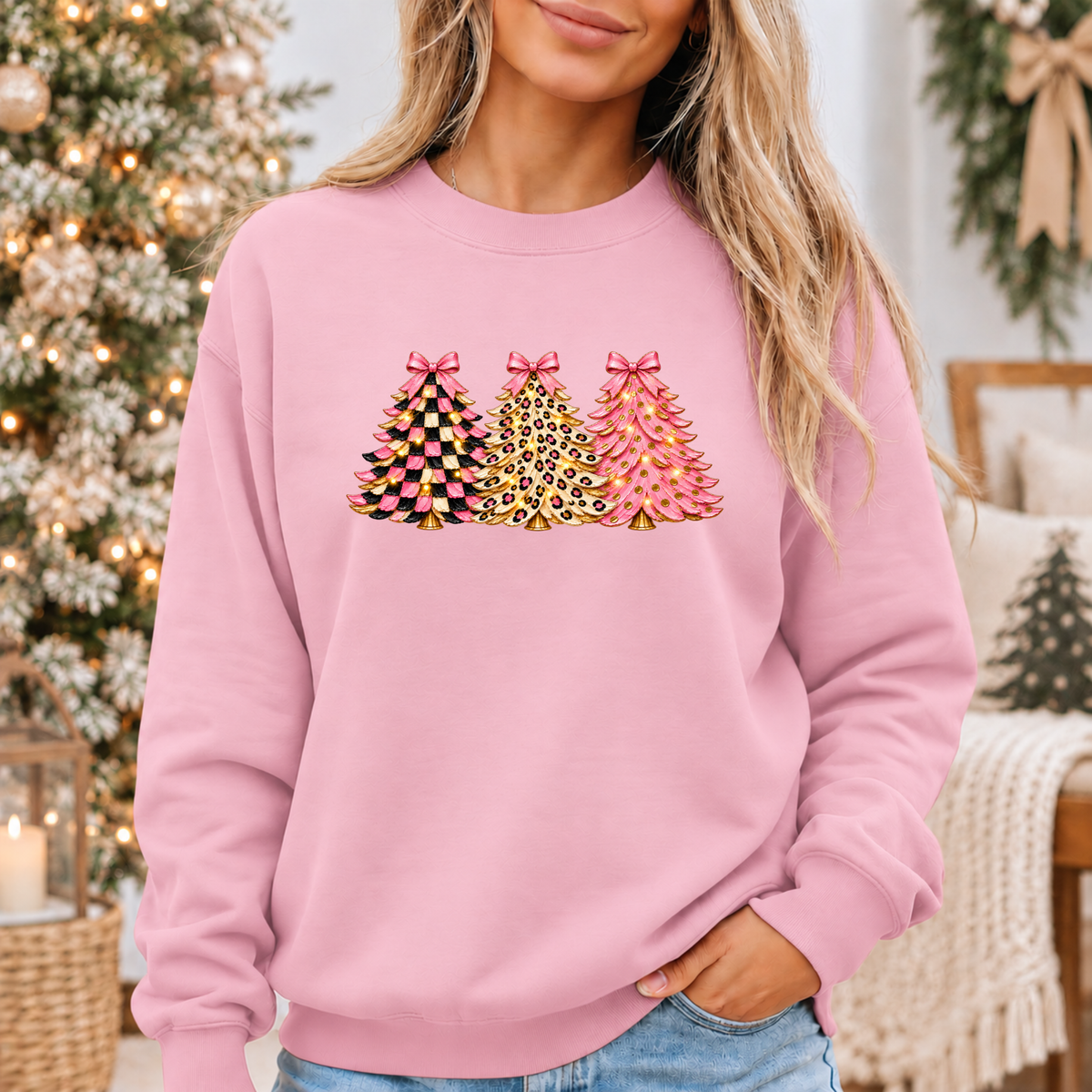 Pink, Wild & Bow-tiful Christmas Trees 🎀🎄✨ Cosy Christmas Sweatshirt
