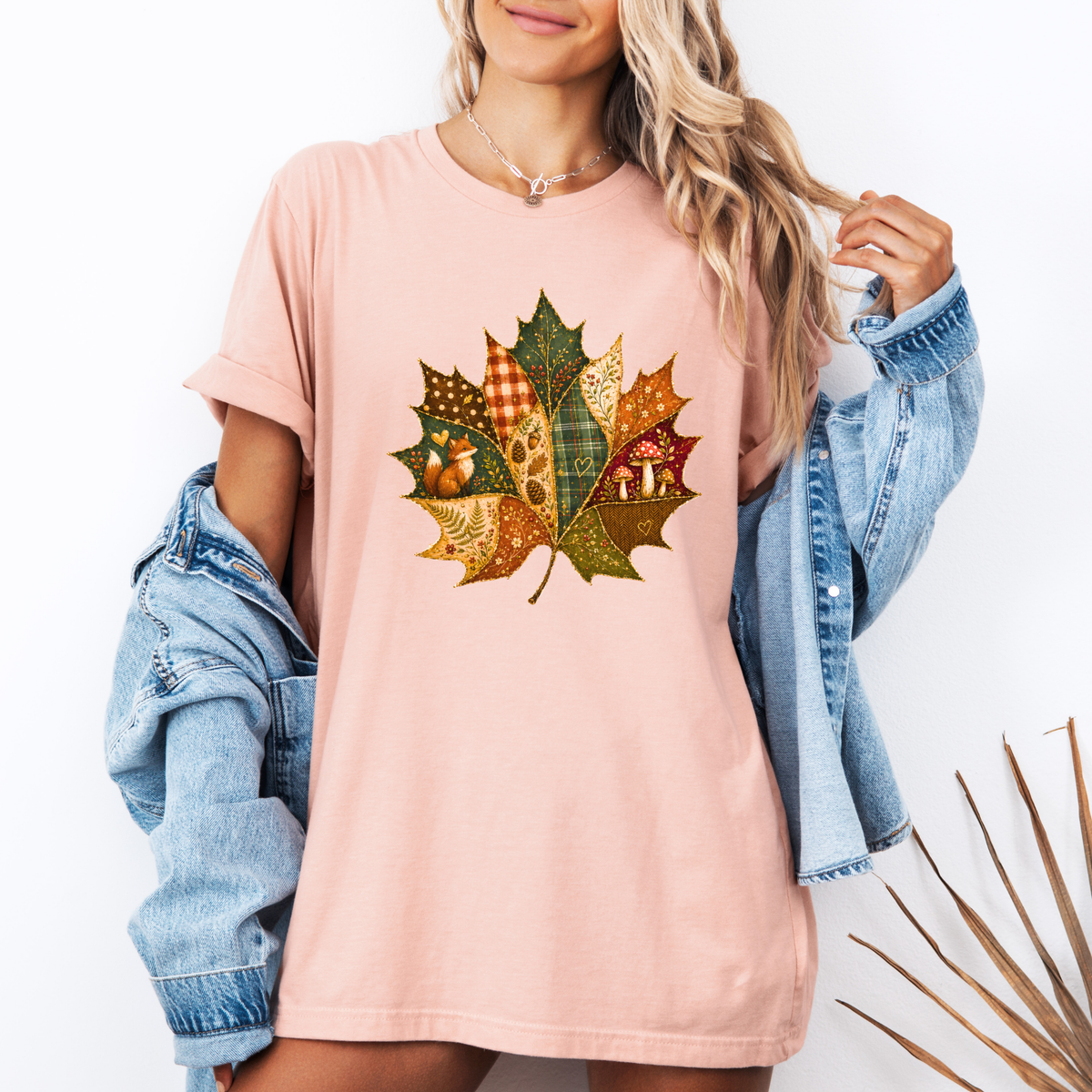 🍂🧵 Patchwork Autumn Leaf Cotton T-Shirt 🍁✨