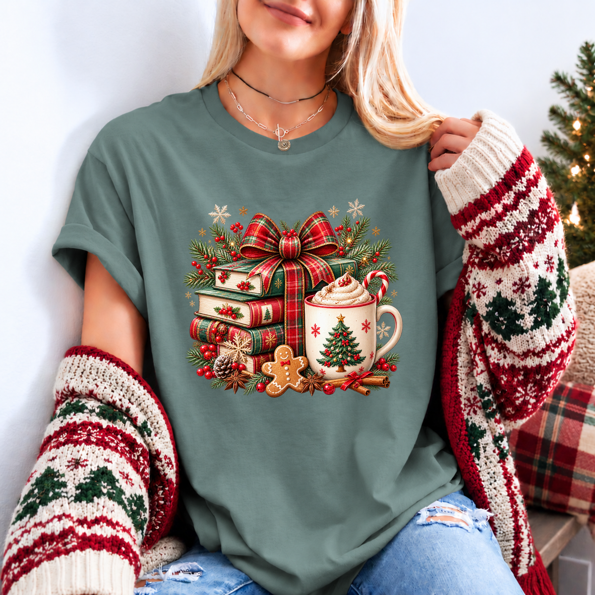 Festive Christmas Book Nook 🎄📚✨ Organic Cotton Christmas T-Shirt
