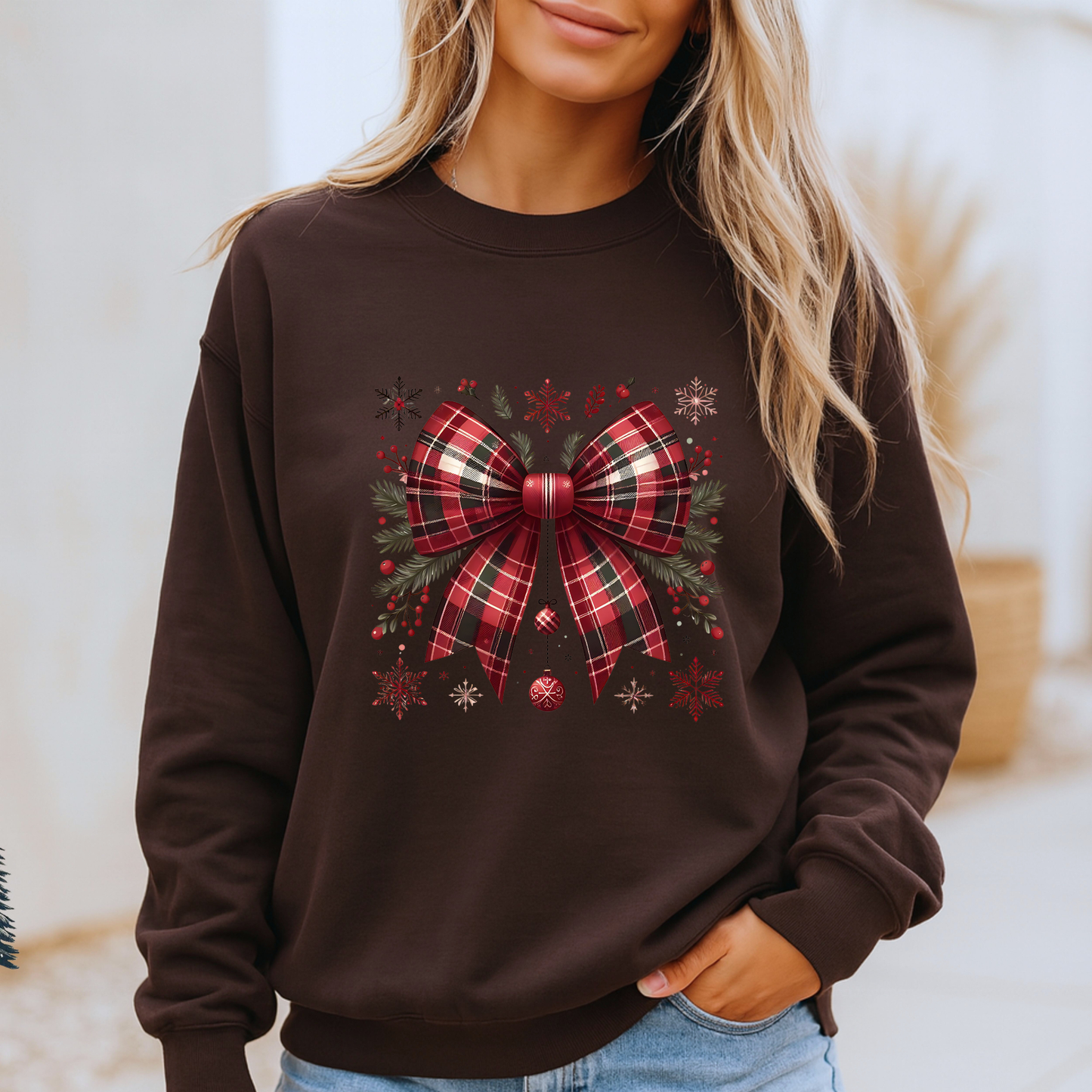 🎀 Cozy Tartan Christmas Bow 🎄🧣  Organic Cotton Sweatshirt