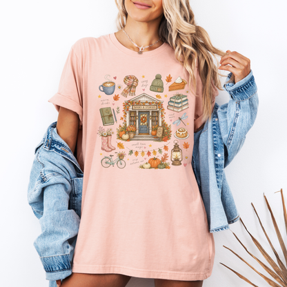 🍂📚 Autumn Bookshop Cotton T-Shirt ☕✨