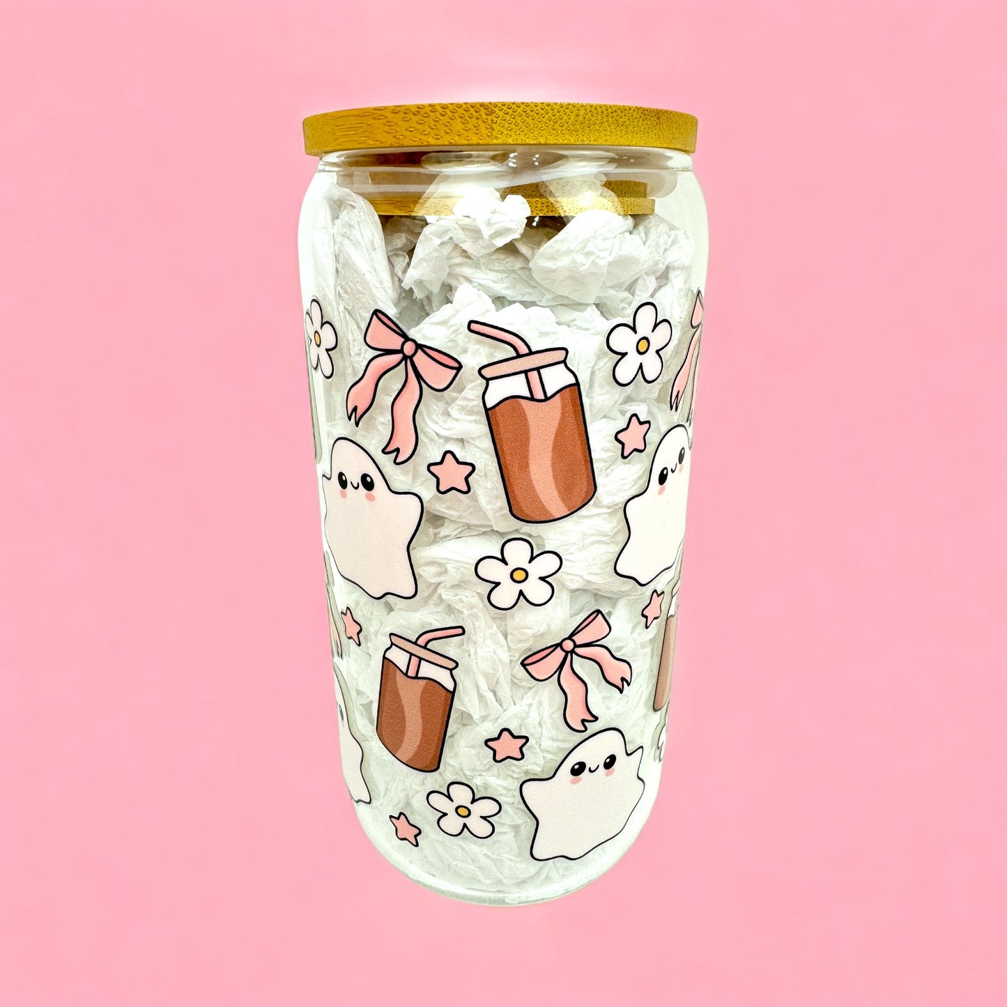 👻 Sweet Ghost Vibes – 16oz Glass Cup 🌸☕
