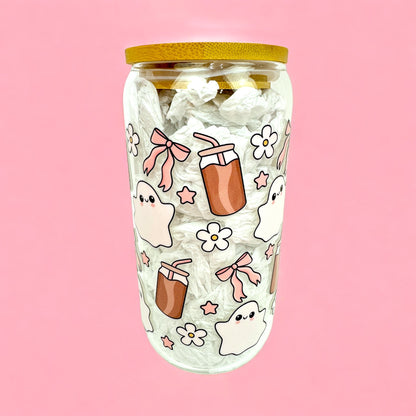👻 Sweet Ghost Vibes – 16oz Glass Cup 🌸☕