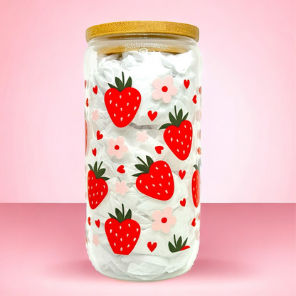 Strawberry  Floral 16oz (455ml) Iced Coffee Glass Cup