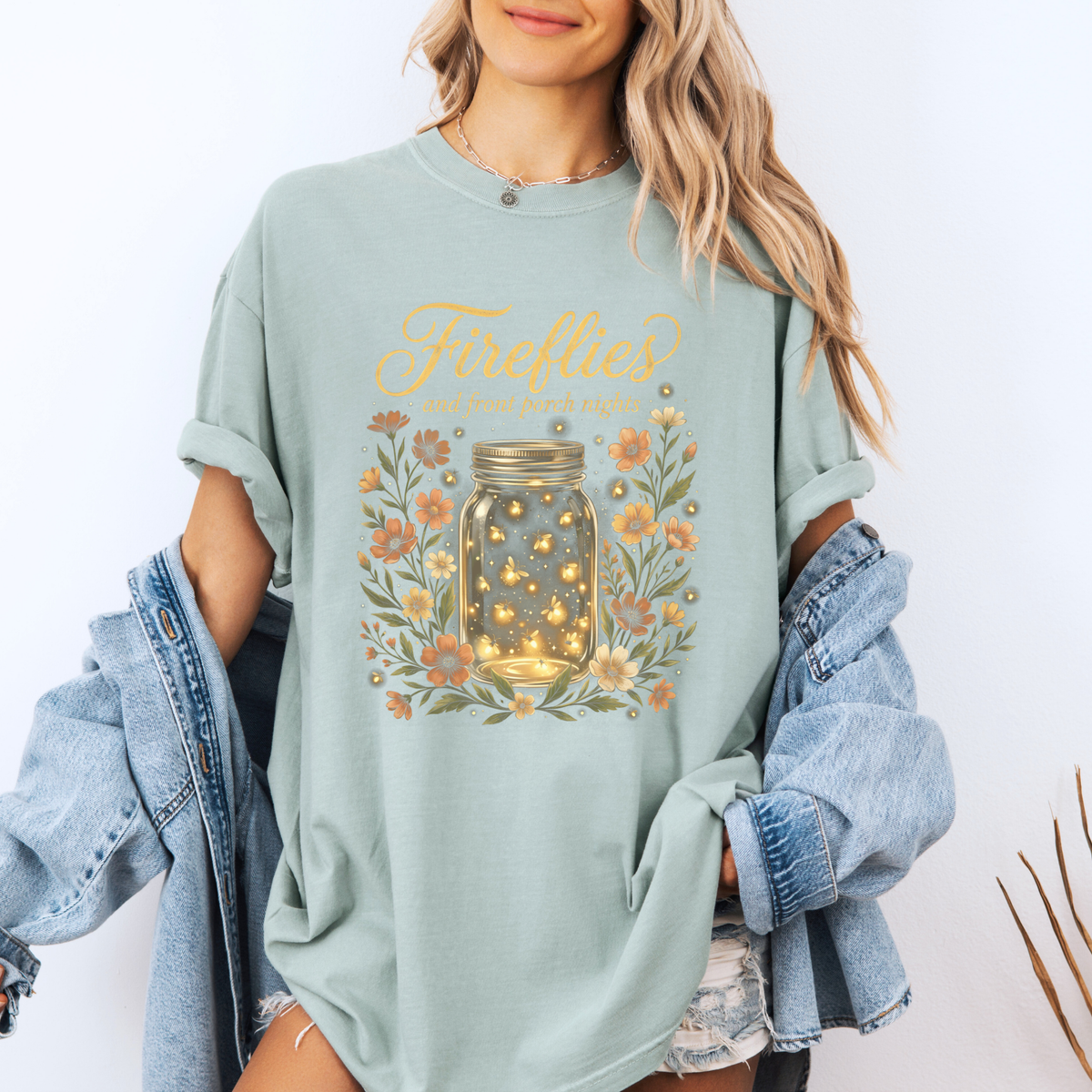 ✨🐞 Fireflies & Front Porch Nights Floral t-shirt 🌙🌼💛