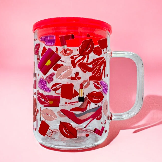 Glam Girl 16oz Glass Mug 💄👠💋 | Double-Sided Beauty Stickers + Lid & Straw