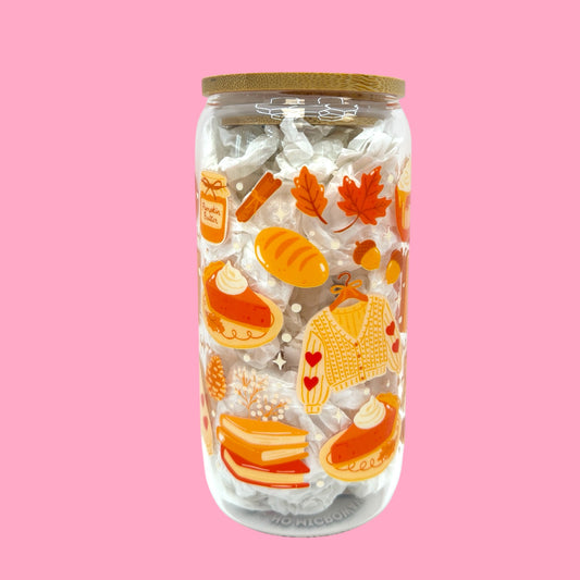 🍂 Cozy Fall Vibes – 16oz Glass Cup with Bamboo Lid 🍁