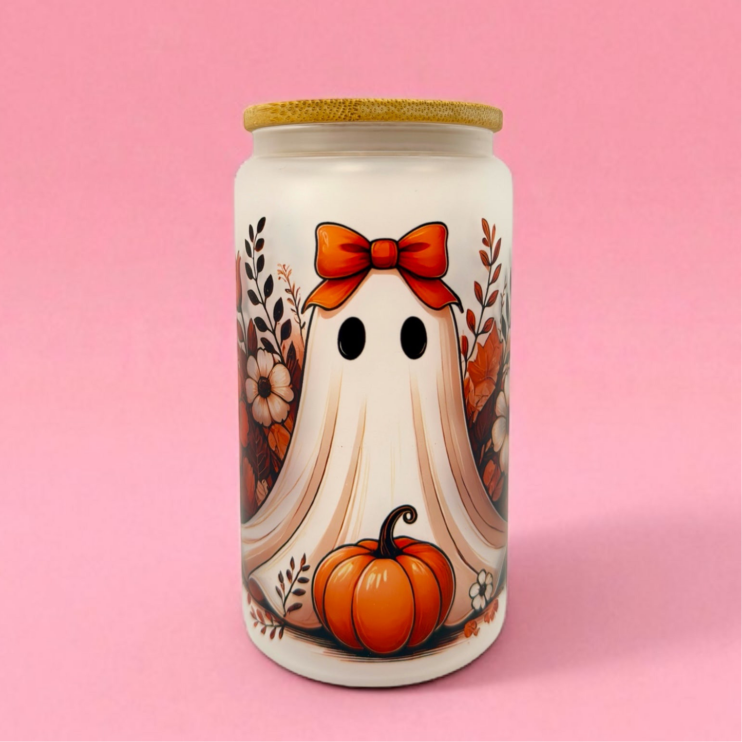 🎃👻 Fall Ghost & Pumpkin 16oz Frosted Glass Can