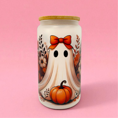 🎃👻 Fall Ghost & Pumpkin 16oz Frosted Glass Can