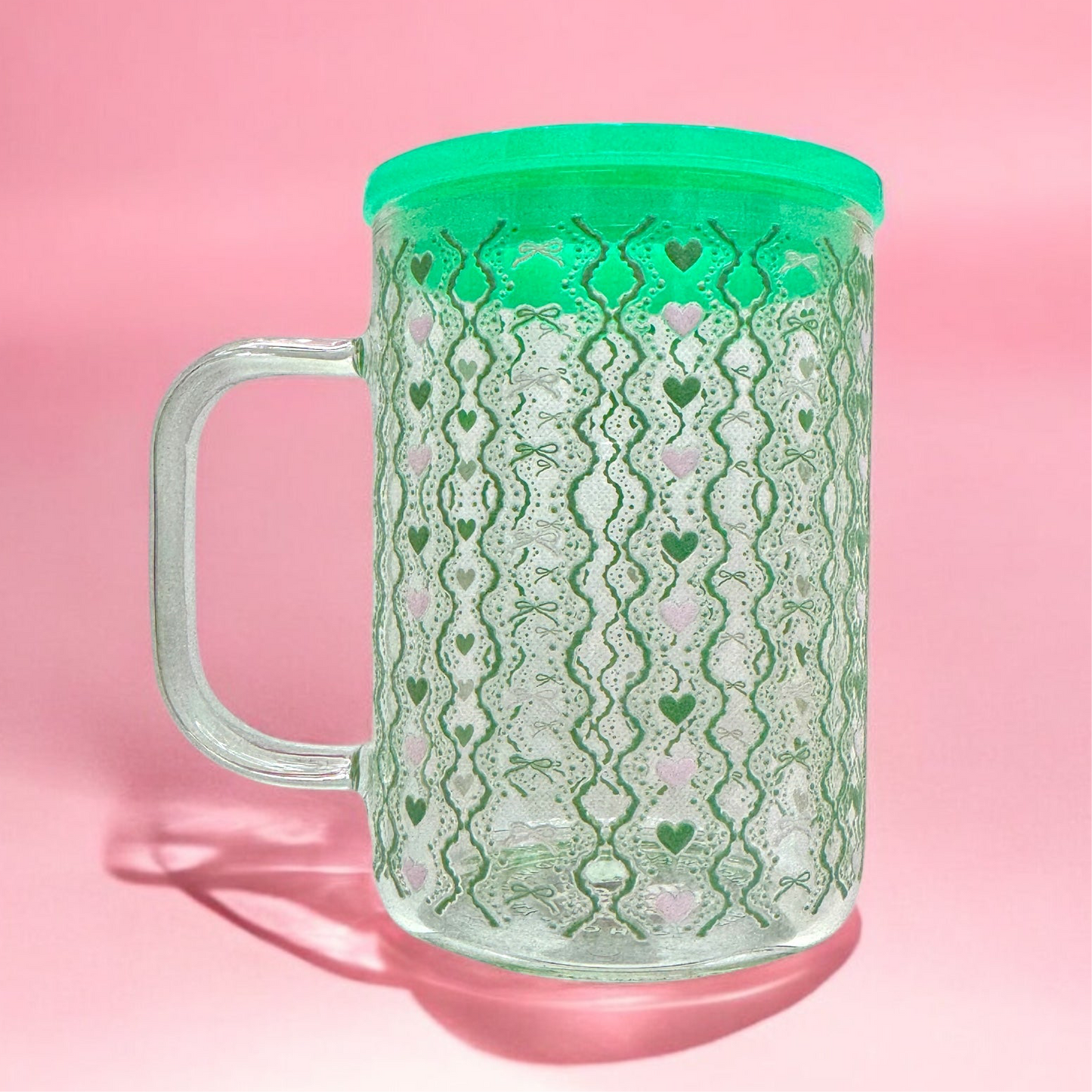 Green Hearts & Waves 16oz Glass Mug – with Lid & Straw 💚✨