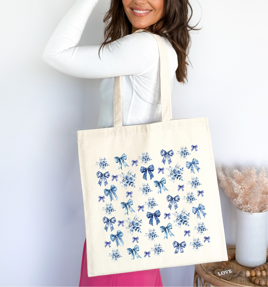 💙Vintage Blue Bows & Florals Tote Bag 🌸🎀