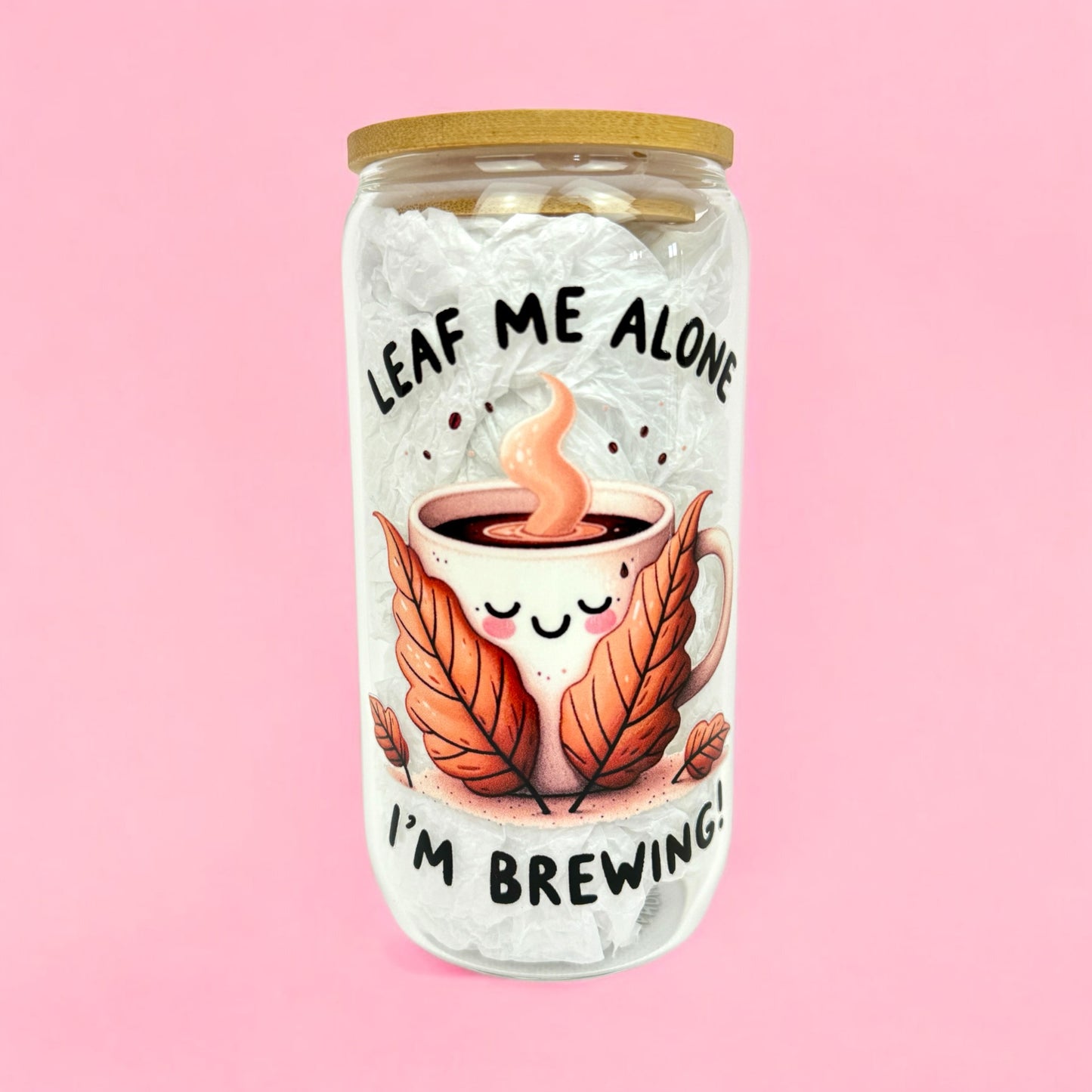 🍂 Leaf Me Alone 16oz Glass Cup with Bamboo Lid ☕✨
