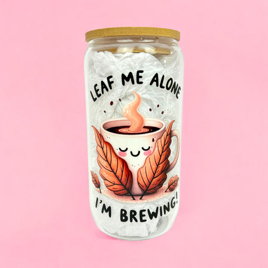 🍂 Leaf Me Alone 16oz Glass Cup with Bamboo Lid ☕✨