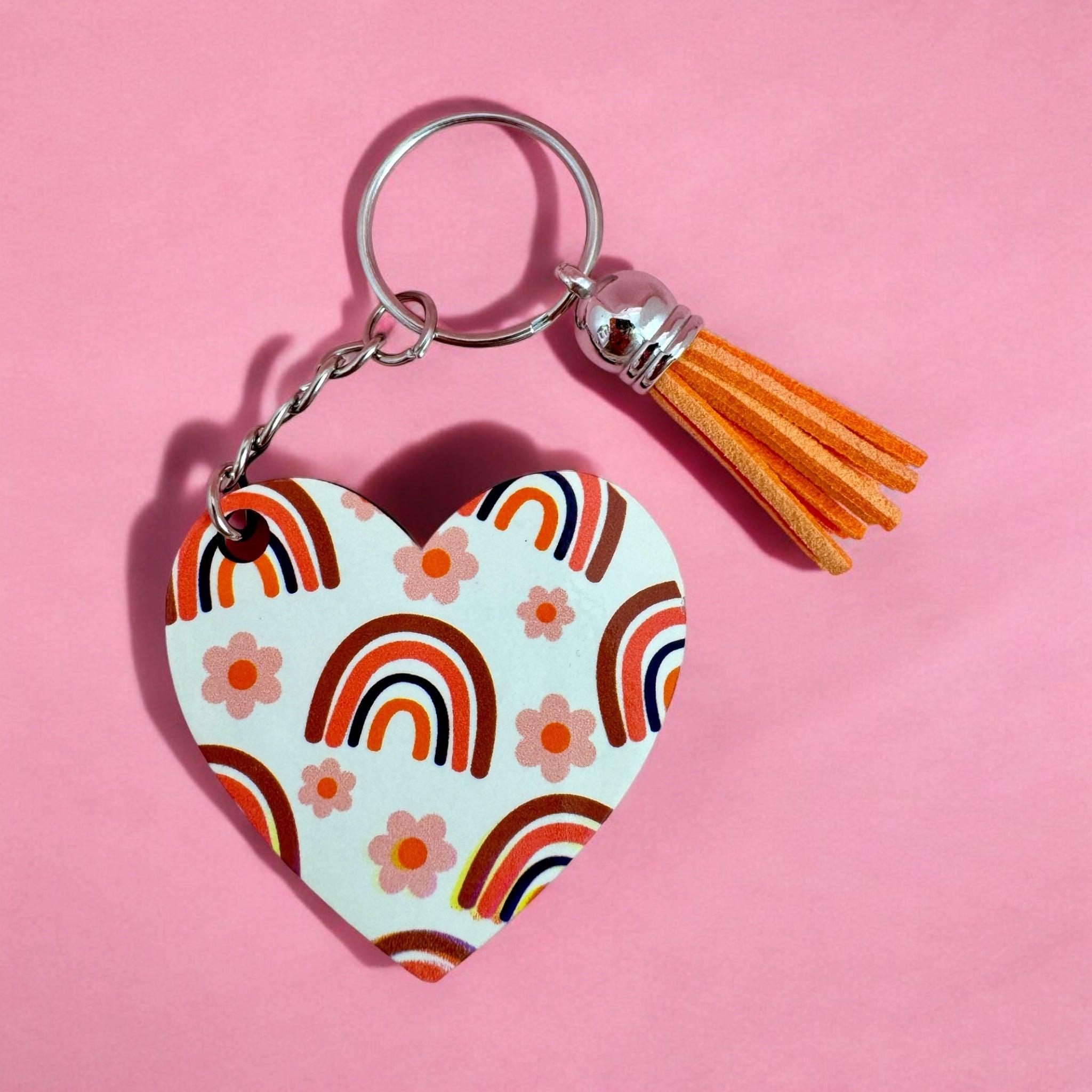 Retro Rainbow Heart Keyring with Tassel Charm