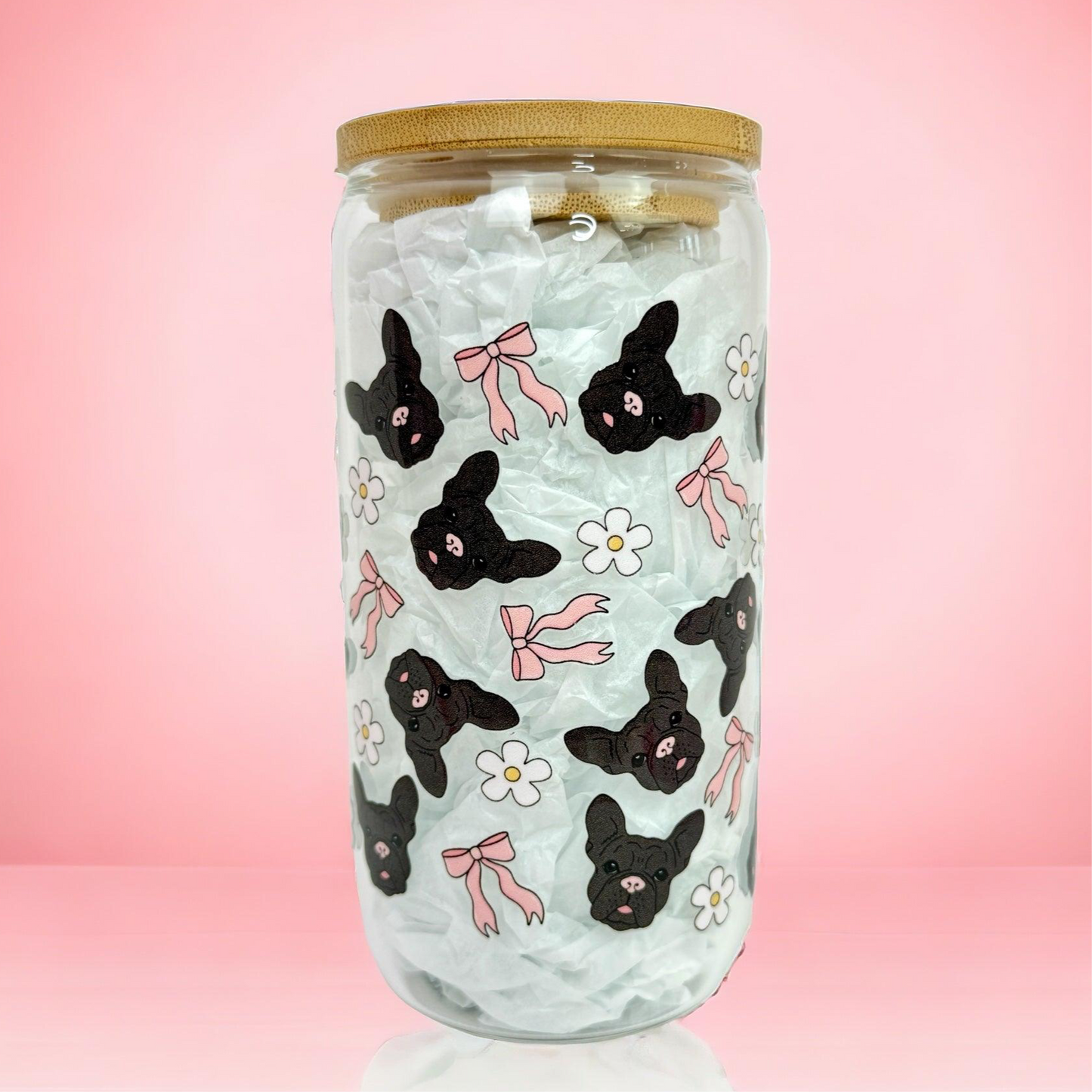 Frenchie Bulldog Pink Bow 16oz (455ml) Iced Coffee Glass Cup