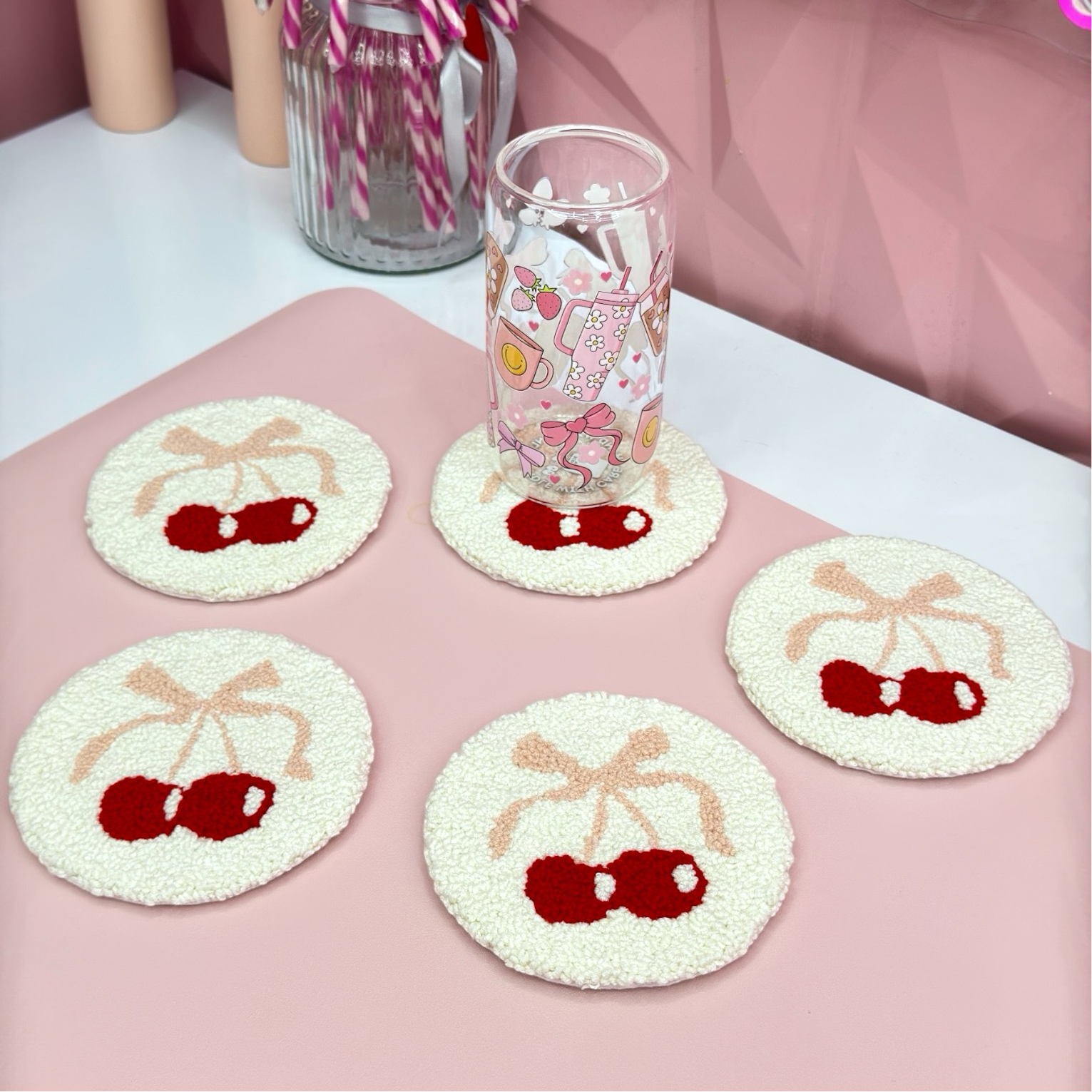 🍒Cherry Bow Punch Needle Coaster🎀