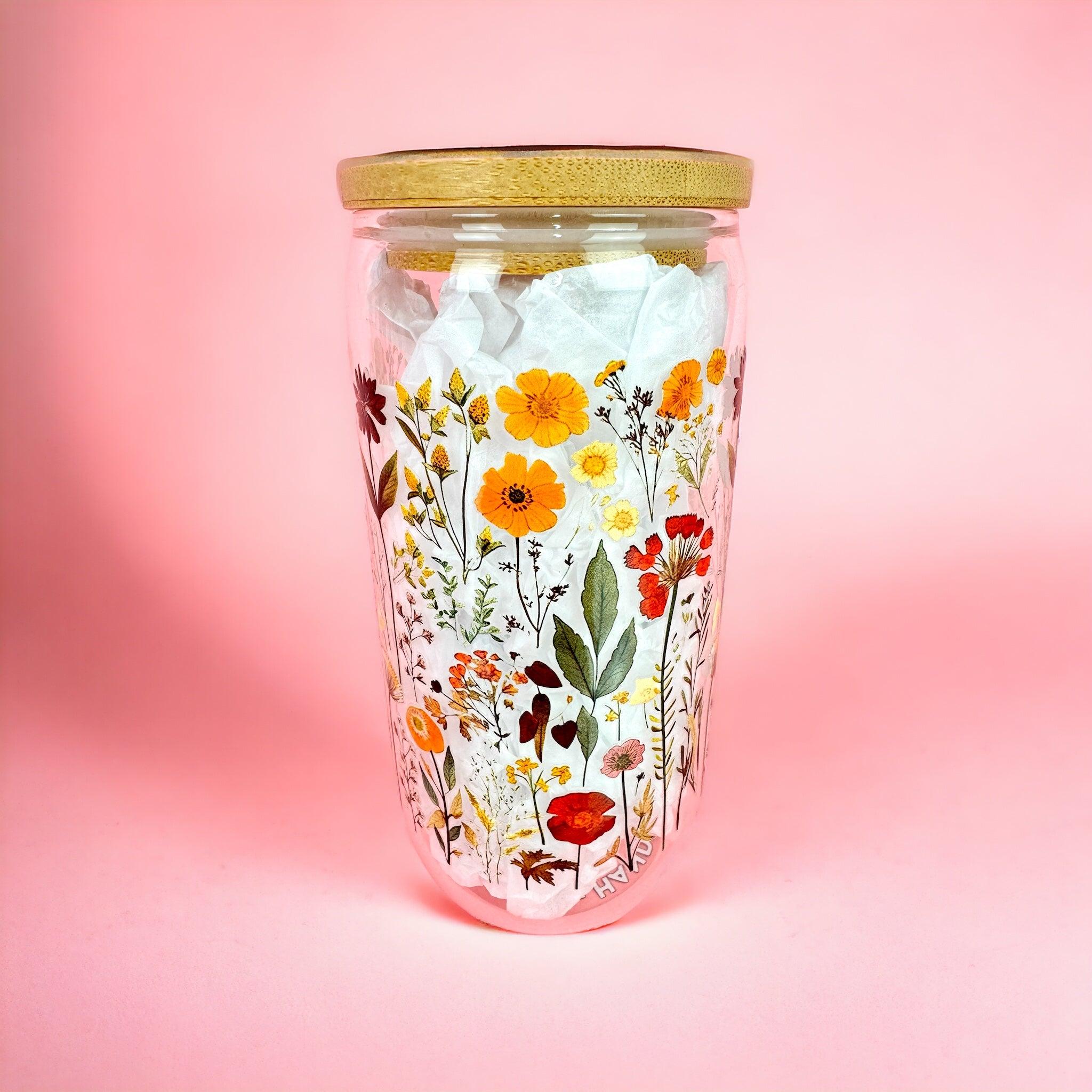 Retro Wildflowers 16oz (455ml) Iced Coffee Glass Cup