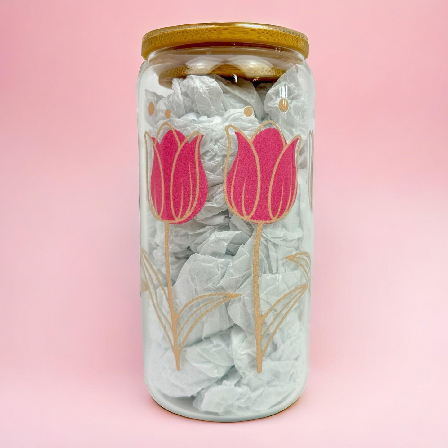 Pink Tulips 16oz (455ml) Iced Coffee Glass Cup
