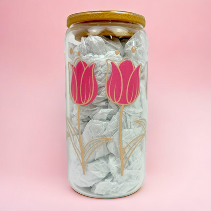 Pink Tulips 16oz (455ml) Iced Coffee Glass Cup