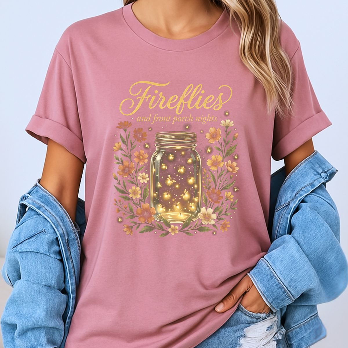✨🐞 Fireflies & Front Porch Nights Floral t-shirt 🌙🌼💛