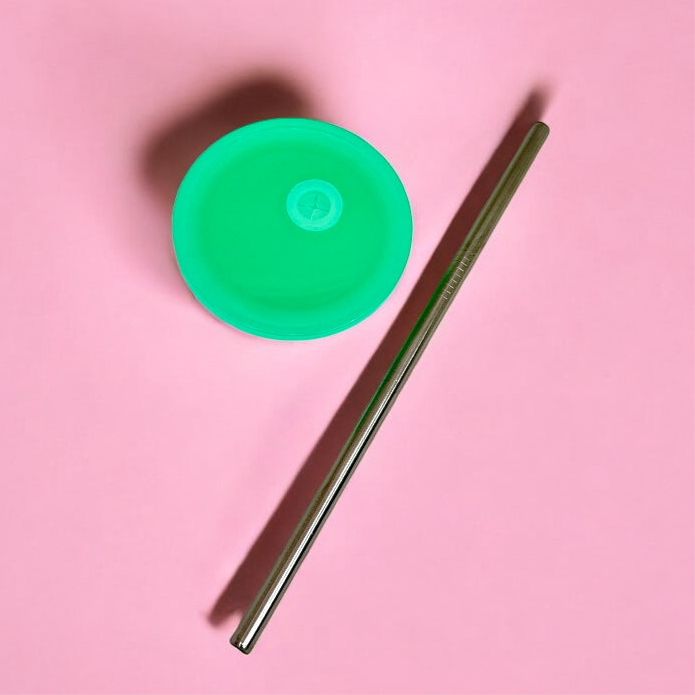 Floral Groove 16oz Glass Cup 🌿✨ | Double-Sided Sticker + Green Lid & Straw 💚🥤