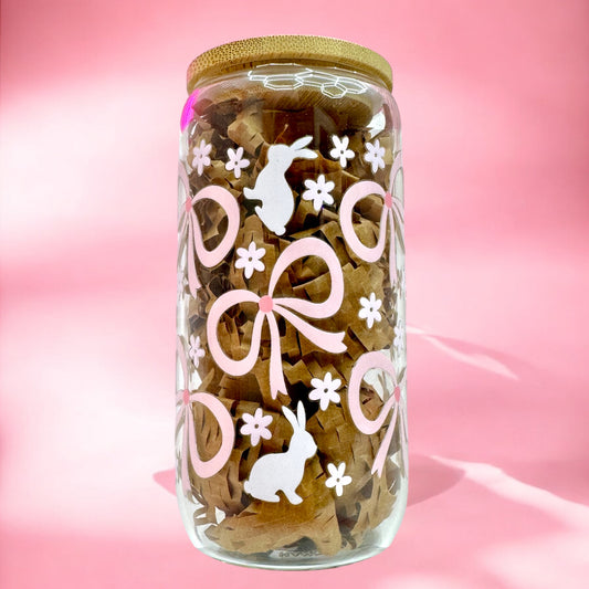 🎀🐰 Pink Bow Bunny 16oz Glass Cup