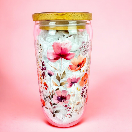 Pink Wildflowers 16oz (455ml) Iced Coffee Glass Cup