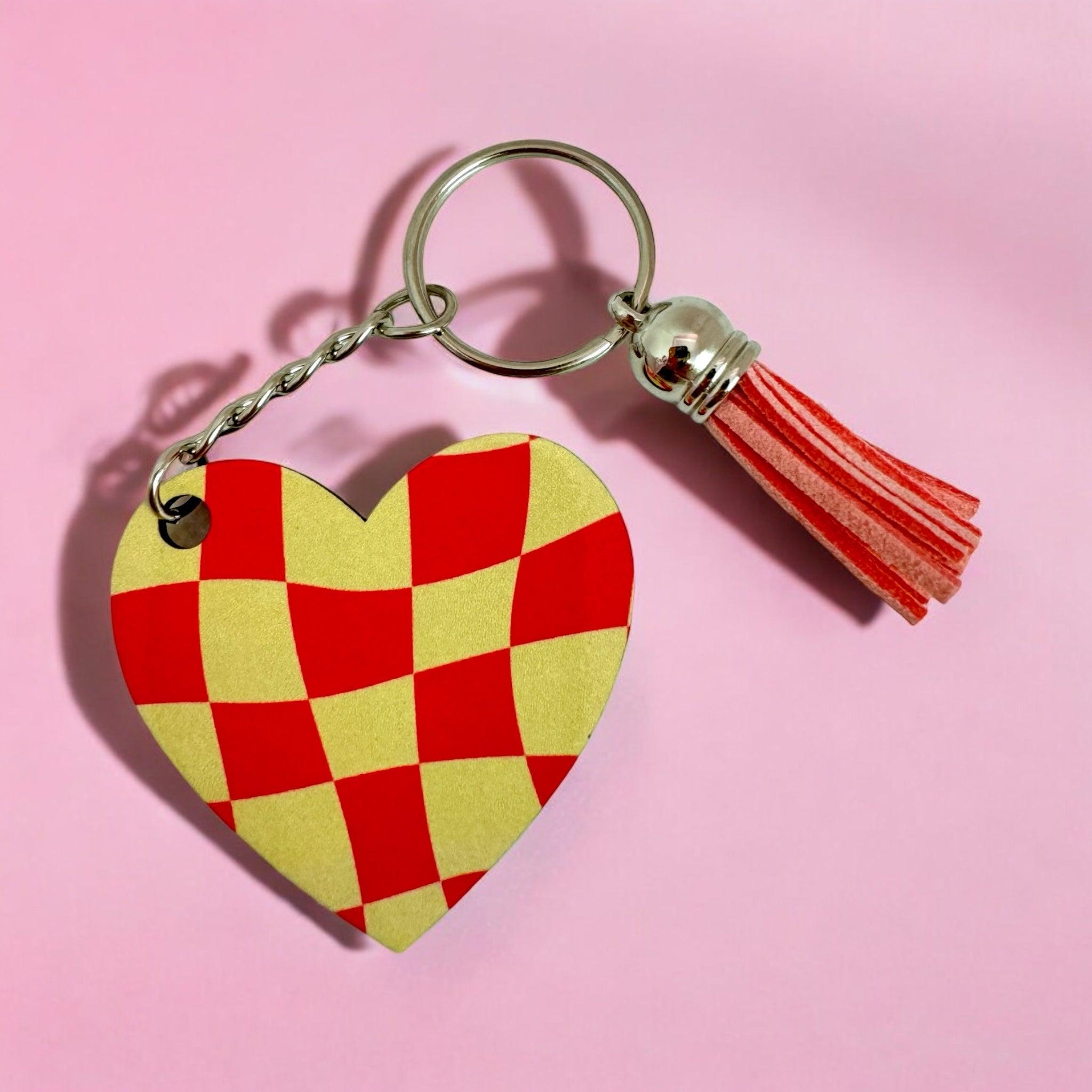 Checkerboard Heart Keyring  with Tassel Charm