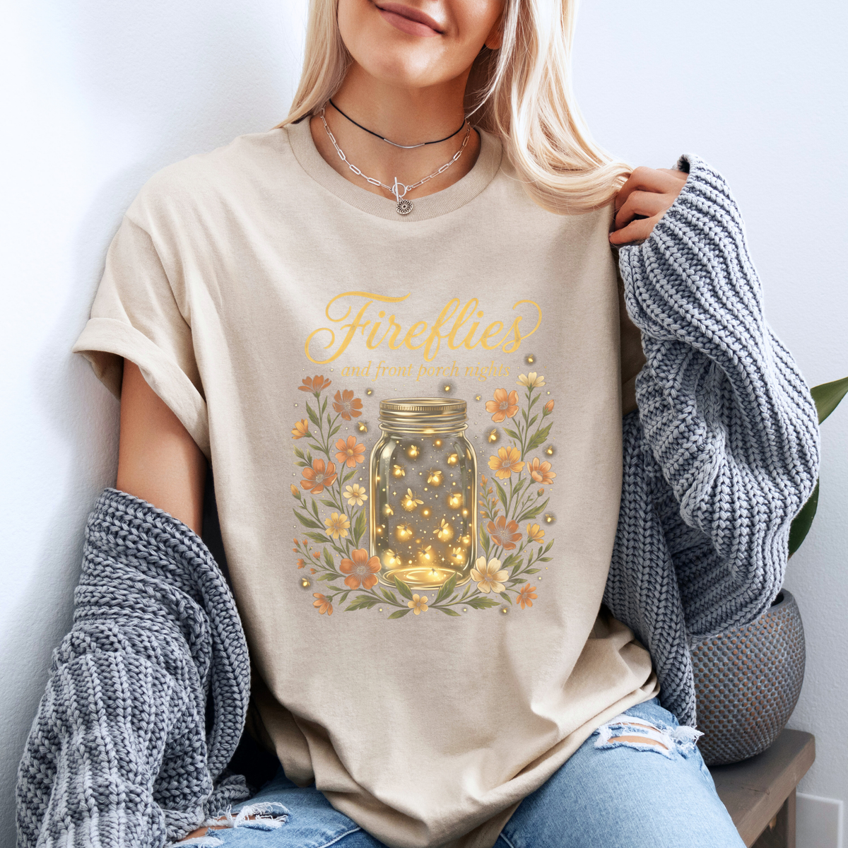 ✨🐞 Fireflies & Front Porch Nights Floral t-shirt 🌙🌼💛