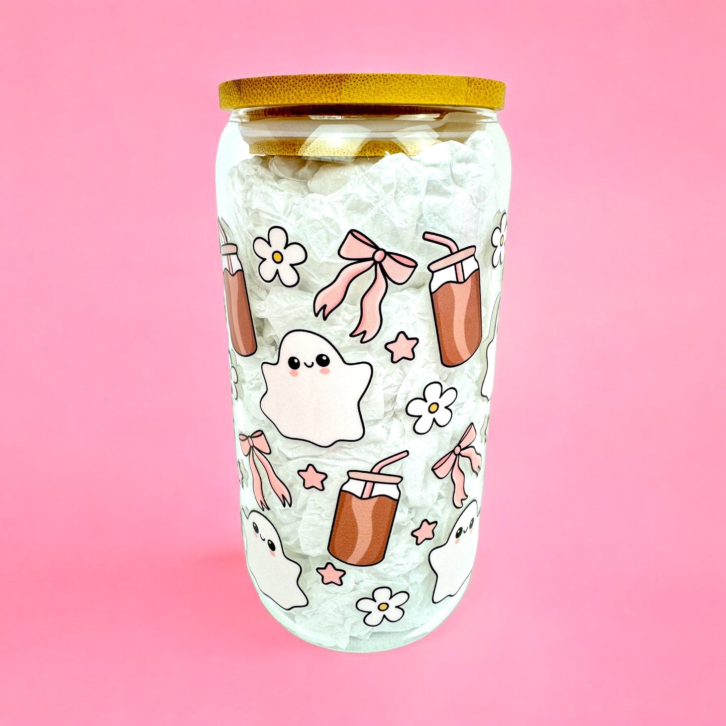 👻 Sweet Ghost Vibes – 16oz Glass Cup 🌸☕