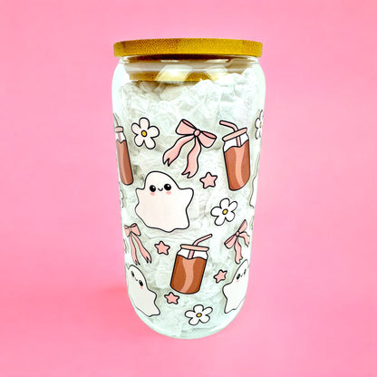 👻 Sweet Ghost Vibes – 16oz Glass Cup 🌸☕