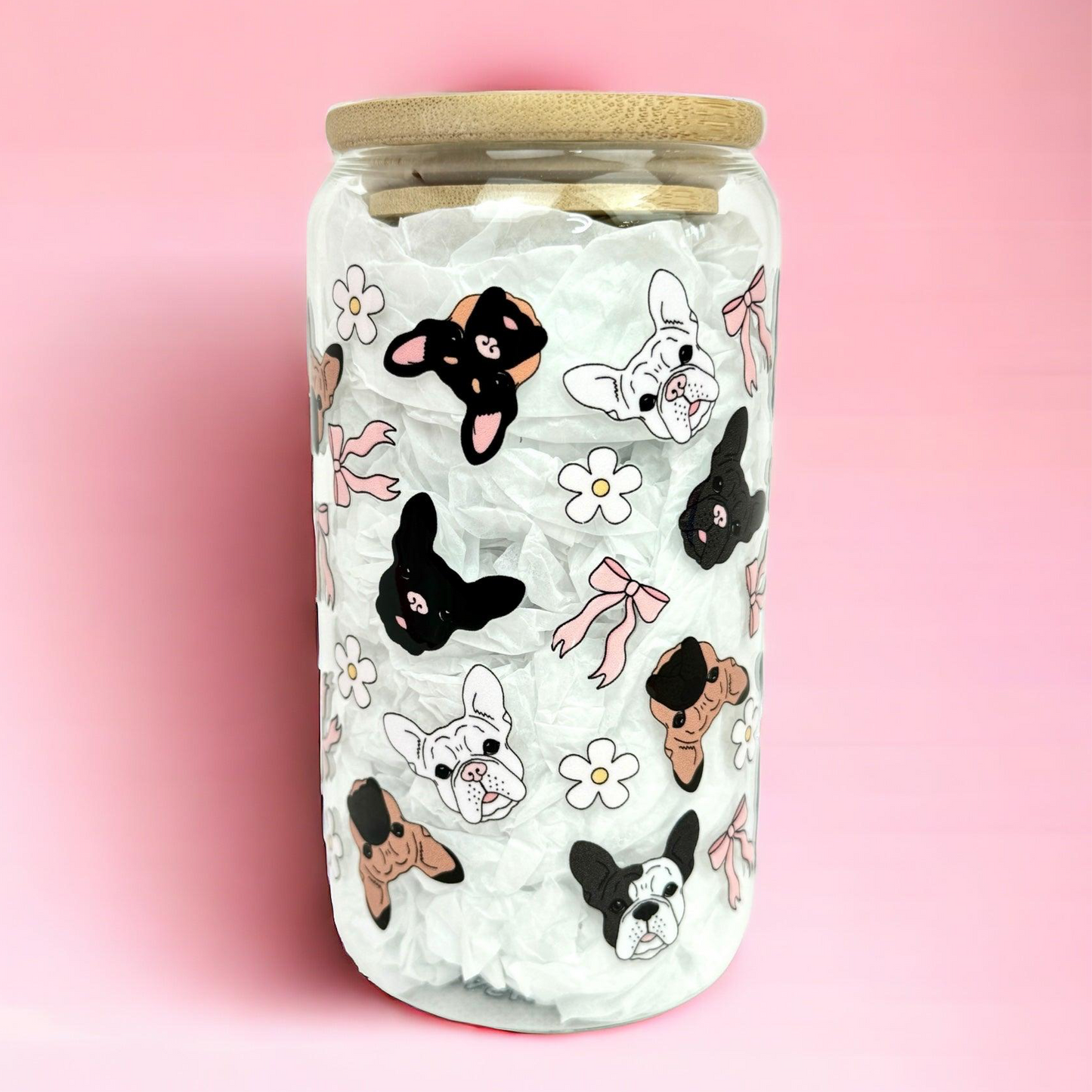 Frenchie Bulldog Pink Bow Daisies 16oz (455ml) Iced Coffee Glass Cup