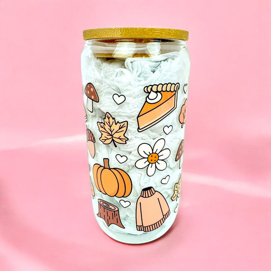 🍂 Cozy Fall Doodles – 16oz Glass Cup 🎃☕