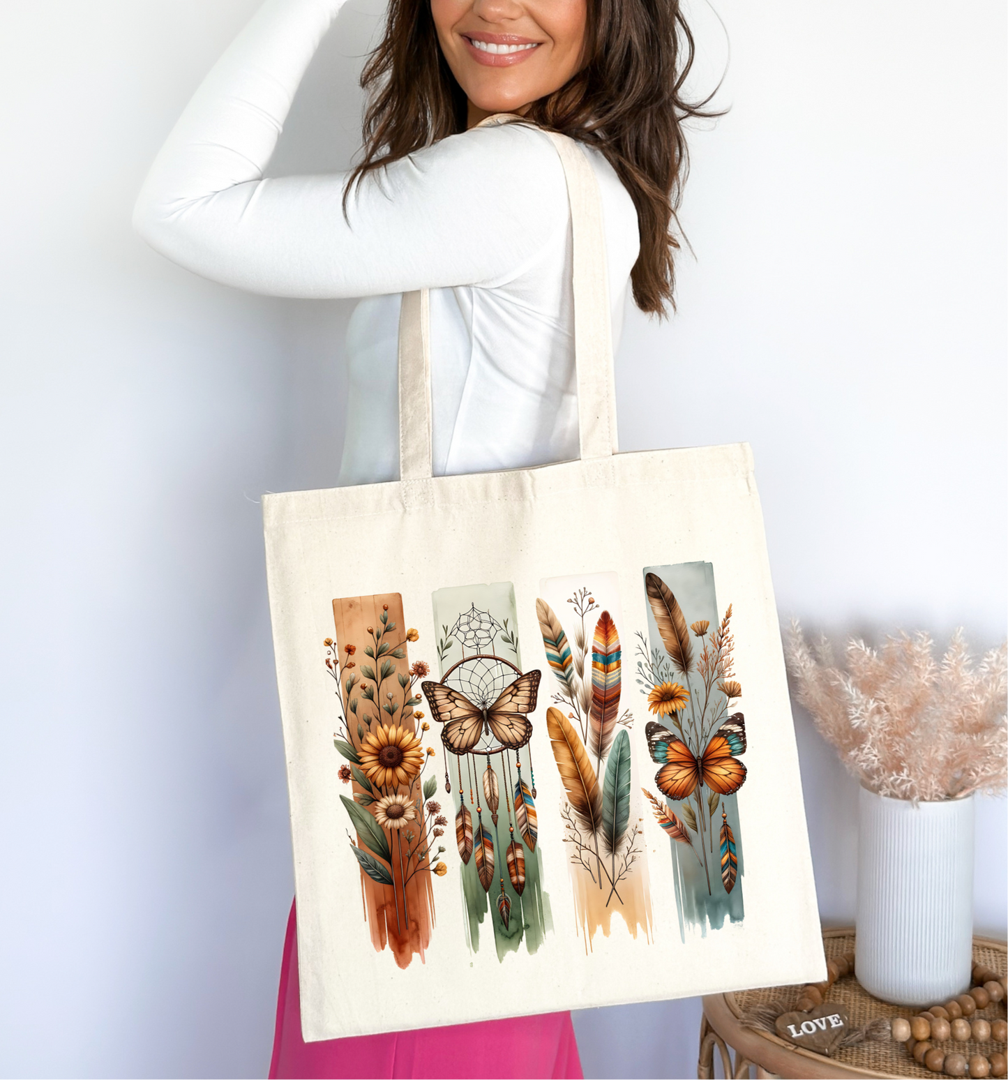 🌿 Boho Butterfly & Feather Tote Bag 🦋✨