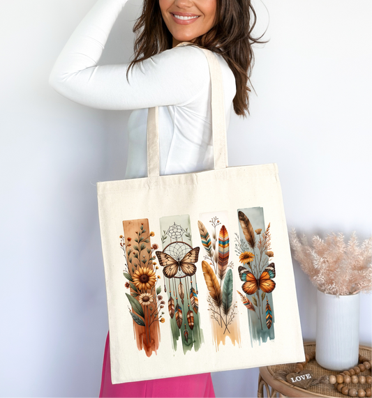 🌿 Boho Butterfly & Feather Tote Bag 🦋✨