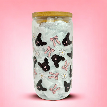 Frenchie Bulldog Pink Bow 16oz (455ml) Iced Coffee Glass Cup