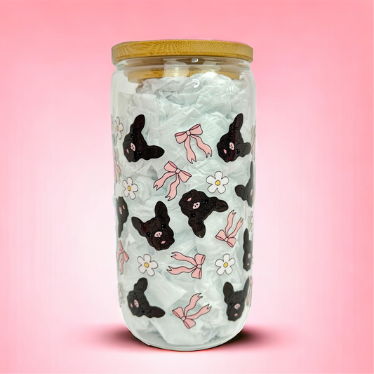 Frenchie Bulldog Pink Bow 16oz (455ml) Iced Coffee Glass Cup