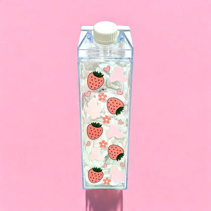 Pink Strawberry Cow Print Milk Carton Water Bottle 17oz
