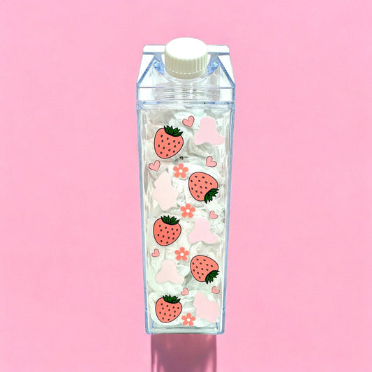Pink Strawberry Cow Print Milk Carton Water Bottle 17oz