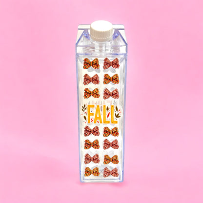 🎀 Fall Bows Milk Carton Water Bottle – 16oz Clear Cup 🍁✨