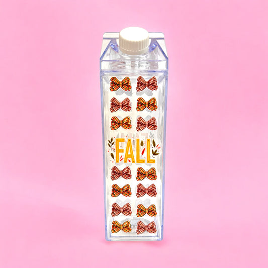 🎀 Fall Bows Milk Carton Water Bottle – 16oz Clear Cup 🍁✨