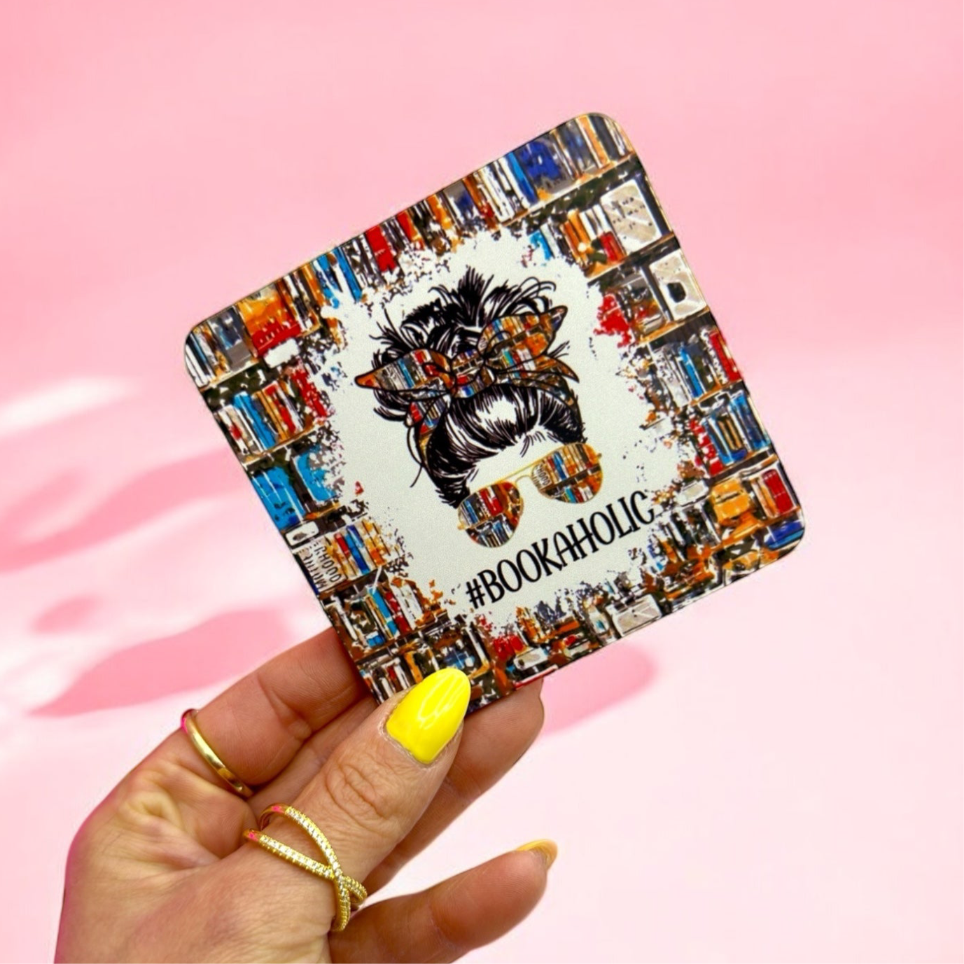 ”Bookaholic Messy Bun Coaster” 📚🖤🎀