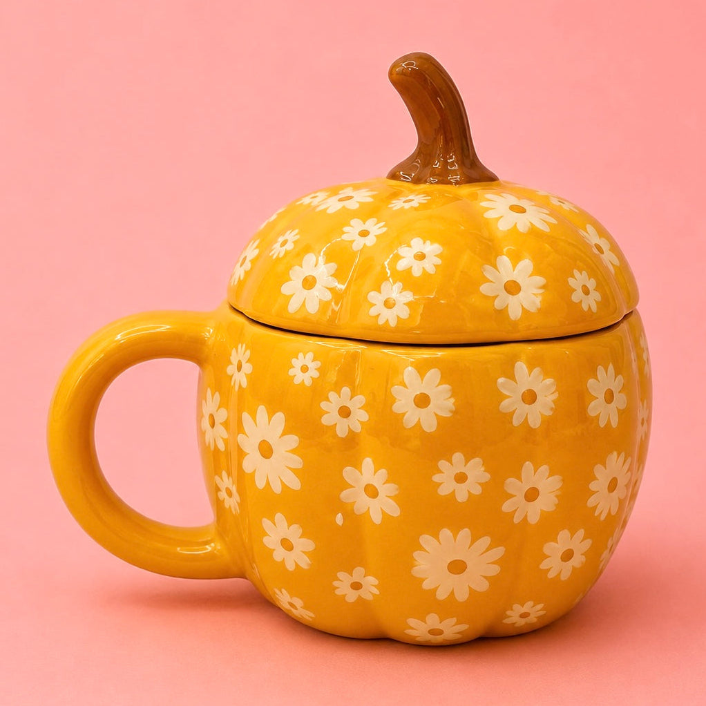 🎃🌼 Daisy Pumpkin Ceramic Mug with Lid 17oz