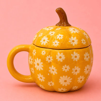 🎃🌼 Daisy Pumpkin Ceramic Mug with Lid 17oz