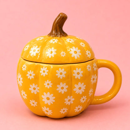 🎃🌼 Daisy Pumpkin Ceramic Mug with Lid 17oz