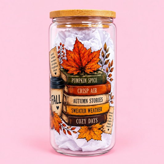 🍁 Autumn Stories 16oz Glass Cup 📚