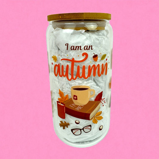 🍂 I Am an Autumn Girl and 16oz Glass Can with Bamboo Lid & Straw 🎃☕
