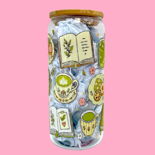 🍵 Matcha Dreams Bookish 20oz Glass Cup💚✨